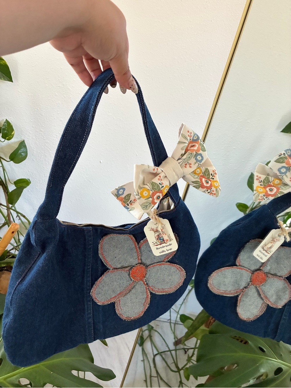 Handmade Denim Floral Applique Shoulder Bag - Blue